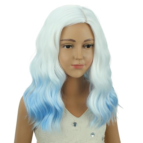 Image of PATTNIUM Girls White Ombre Blue Short Curly Wavy Wigs Side Part Shoulder Length Heat Resistant Synthetic Wig Halloween Cosplay Costume Party Wigs