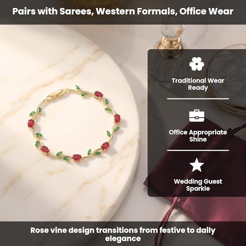 Image of VIEN Rose Vine Bracelet for Women | 14K Gold Plated Brass, Red Cubic Zirconia & Emerald Stones | Floral Link Design for Anniversaries, Birthdays & Festive Gifting | Fold Over Clasp, 20cm