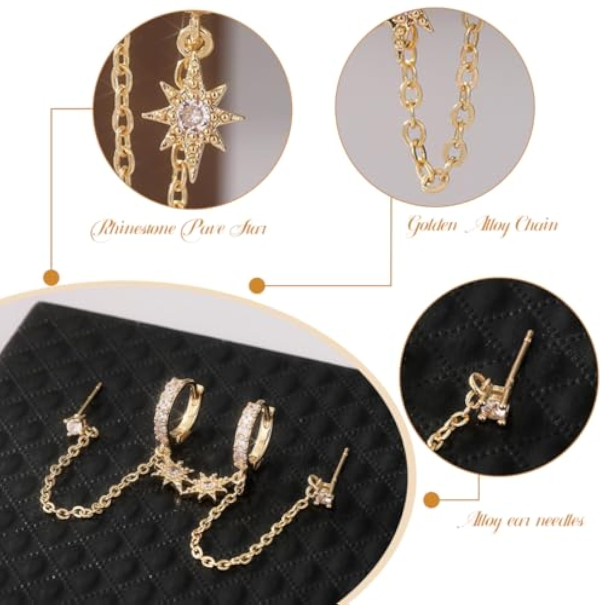 Women's Gold Star Rhinestone Stud Earrings, Sparkling Pendant
