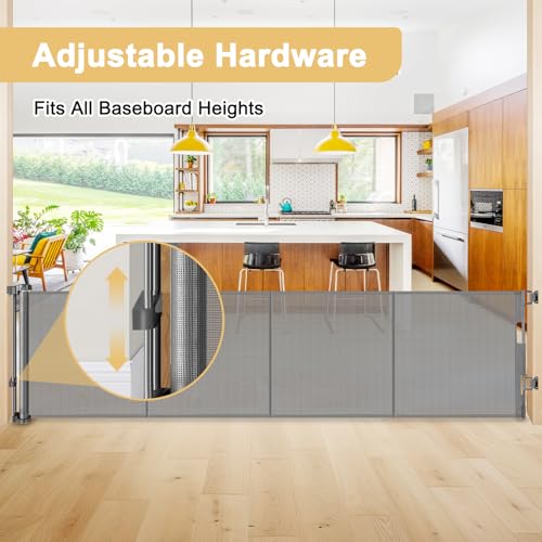 28 Inch Tall Retractable Baby Gates, 80\" Wide Reinforced Retractable Dog Gate with Support Rods, Walk Through Pet Gate, Short Dog Gate Retractable Pet Gate, Mesh Baby Gate for Stairs, Doorways, Gray