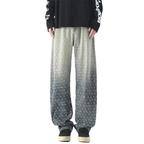 Men's Loose Washed Jacquard Jeans Trousers Wide Leg Pant Streetwear Hip Hop Drawstring Denim Pants