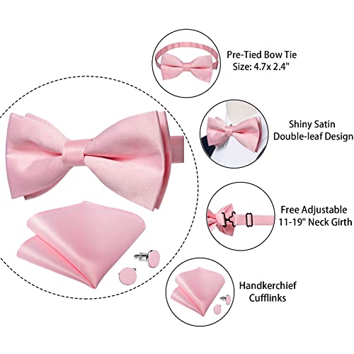 Dibangu Pink Bow Ties For Men Pre-Tied Bow Tie And Pocket Square Set Adjustable Solid Satin Formal Tuxedo Bow Tie #TOP3