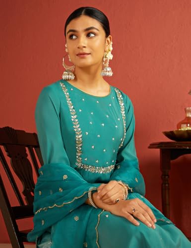 Image of Kaari Women's Hand Embroidered Kurta Set with Dupatta - Straight Fit | Silk Blend Fabric with Dabka Work | Sequin Work Organza Dupatta | Straight Pant with Side Pocket | Kurta Set For Women