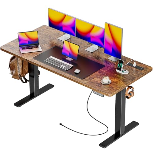 Image of Huuger 55 x 28 Large Electric Standing Desk with 4 AC Outlets, Type-C Port, Height Adjustable Computer Desk, 27.6 inch Deep Desktop, Stand up Gaming Office Desk, 3 Preset Heights, Rustic Brown