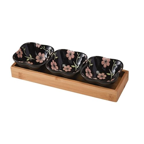Keramik Servierschalen Set 3er Dip Schälchen mit Bambus Servierplatte, Ideal für Tapas, Antipasti, Sushi,Raclette oder Fondue (GB6004b)