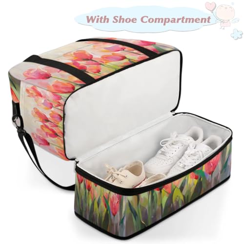 Travel Duffel Bags Tulips Pattern Foldable Weekender Bags for Women with Shoes Compartment Waterproof & Tear Resistant Carry on Overnight Luggage Duffel Bag Shoulder Sports Tote Bag4