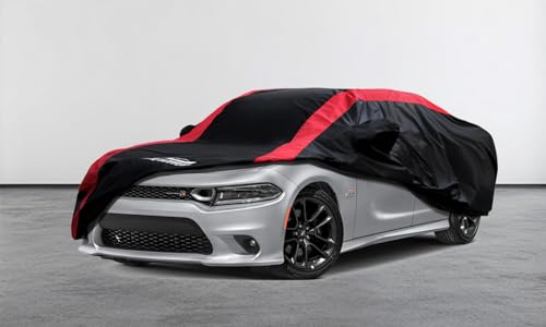Image of Dodge Charger Car Cover Waterproof All Weather with Red Strip Design, Custom Fit for Dodge Charger 2006-2023, Charger Accessory with Door Zipper & Windproof Straps