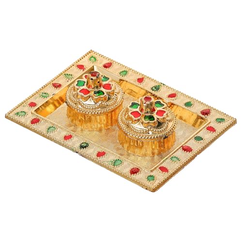 Image of eCraftIndia Golden Decorative Roli Chawal /Rice Holder, Akshata Haldi Kumkum Holder, Kankavati Pooja Items for Home Puja Mandir Temple- Gift for Diwali Navaratri- Diwali Decoration Items For Home Decor