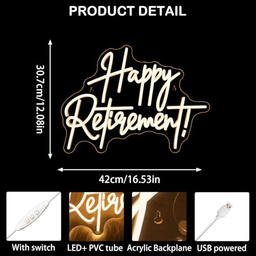 Image of LooKLight Happy Retirement Neon Sign Dimmable Neon Signs For Wall Decor Led Lights For Birthday Party Room Bedroom Decoration Celebrating Retirement Gifts USB Powered 16.54x12.09in