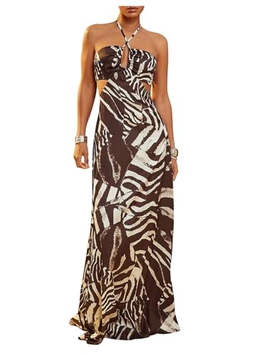 Verdusa Women's Cut Out Ruched Halter Dress Zebra Striped Backless Sleeveless Flowy Dresses