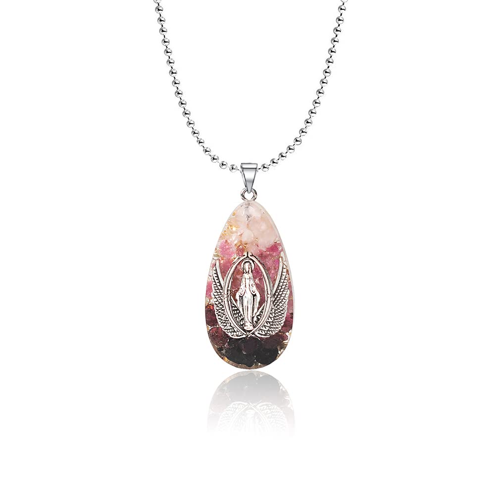 Da Piao Liang Virgin Mary Necklace For Women -Angel Wings Pendant Necklace - Mother Of God Pendant With Pink Tourmaline And Garnet, Pendant Size:41*22*8mm, Resin, stone