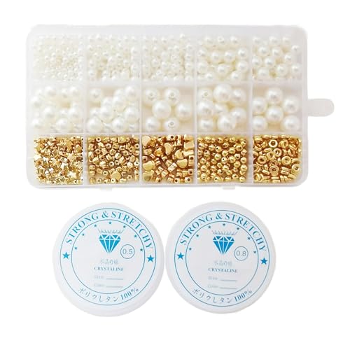 720pcs Artificial Pearl Beads and Golden Spacer Beads for DIY Jewelry Making with 2 Rolls of Elastic Cord, DIY Elegant Bracelet Necklace Friendship Handmade Craft Supplies - Jewelry Making Kits