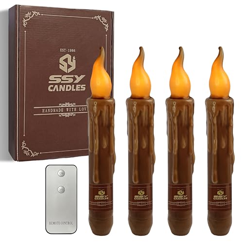 Brown Flameless Short Taper Candles Real Wax Hand Dipped LED Battery Operated with Remote Flickering Flame Lights for Festival Party Home Decor 67 Inch Primitive Flameless Candles 4PCS