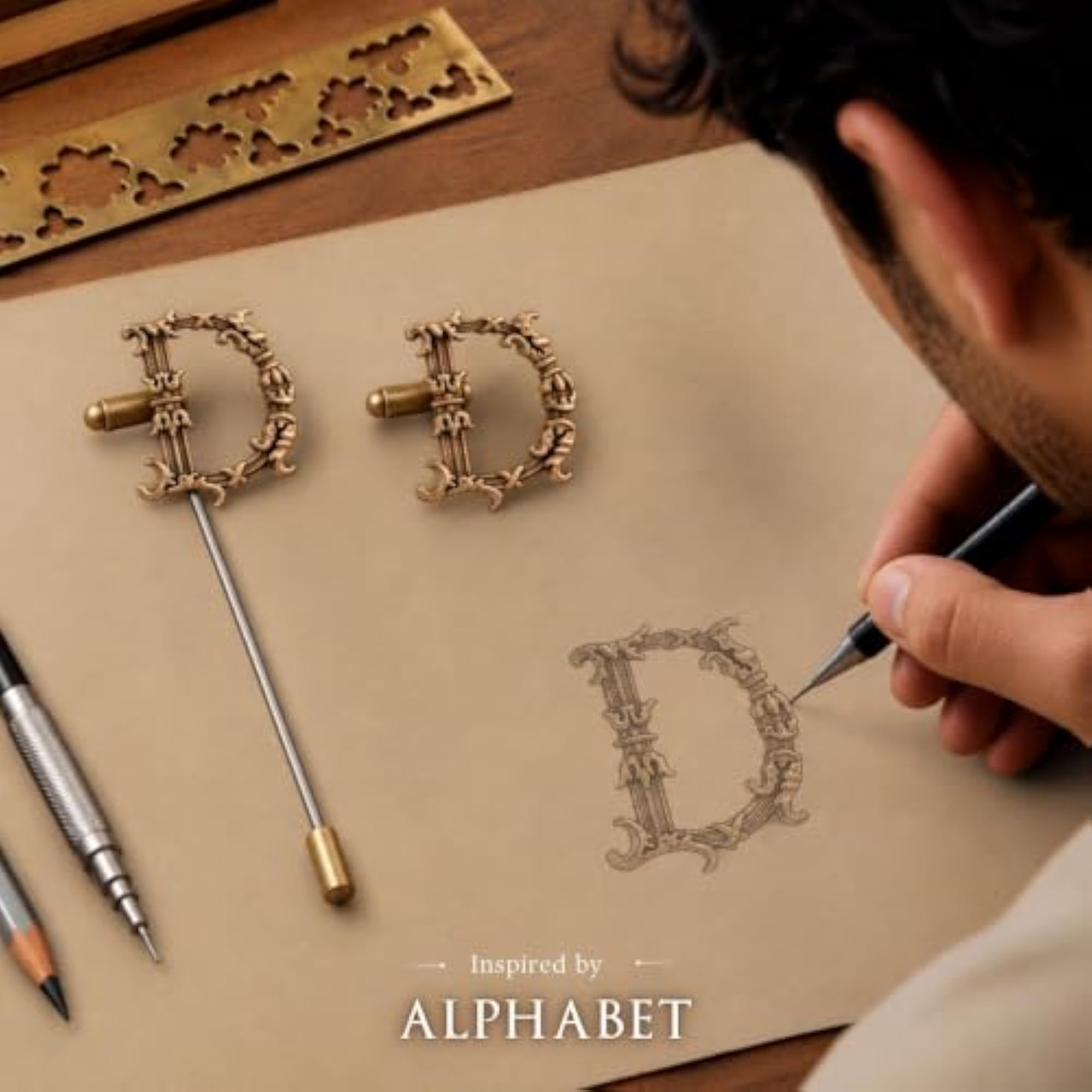 Antique Brass D Alphabet Cufflink & Lapel Pin Combo