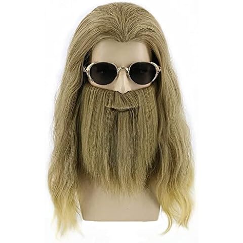 Topcosplay Fat Thor Wig with Beard Mens Long Curly Ash Blonde Wig Halloween Costume Wigs Cover