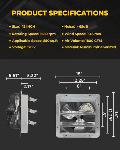VENTISOL 12 Inch Wall Mounted Shutter Exhaust Fan, Aluminum Blades, 1800CFM, Automatic High Speed Household Ventilation Fan for Garages, Shop, Greenhouse, Attic