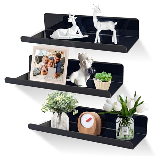SHEPIN 3 Pezzi Mensole da Muro senza foratura, Nero in Acrilico, per Bagno da Parete, Moderne Design Cubi, Adesiva per Cameretta,Cucina, Salotto