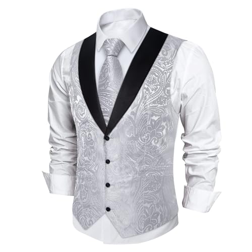 Image of DiBanGu Mens Paisley Suit Vest Silk Jacquard Waistcoat and Necktie Set Formal Shawl Collar Dress Vest 7PCS for Wedding Party