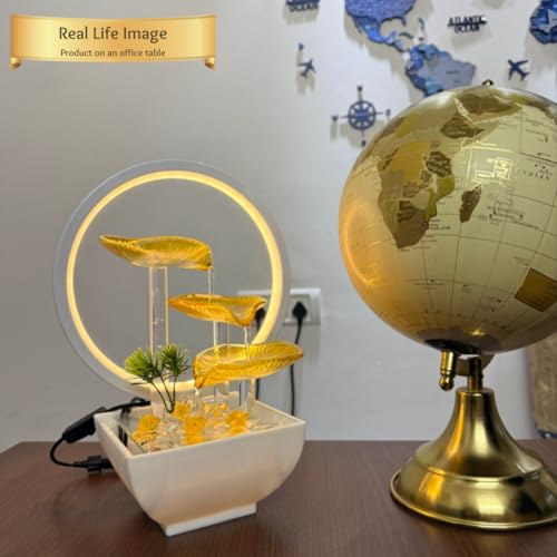 Image of Water Fountain for Home Decor - 29cm Golden Amber Glass Indoor Waterfall with LED Light - Tabletop Showpiece for Living Room, Office Desk & Bedroom - Wealth Prosperity Gift (Frost Yellow)
