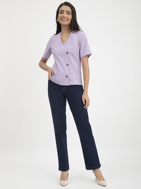 Image of FableStreet Linen V-Neck Button Top - Purple