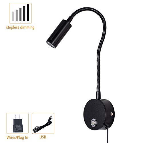 Dimmable Wall Sconces Reading Light, LED Wall-Mounted Reading Lamps Gooseneck Plug in/USB/Wall Mounted