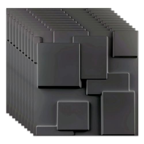 ICASSE 3D Wall Panel, Modern Textured Decorative Wall Panels Paintable PVC 3D Brick Wall Art Tiles for Interior Exterior Ceiling Wall Decor,50x50cm,Black,10 PCS