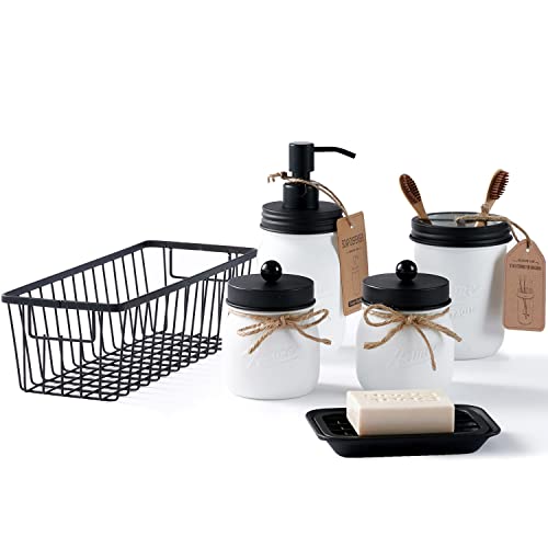 White Mason Jar Bathroom Accessories Set (6Pcs) - Lotion Soap Dispenser,Toothbrush Holder,2 Apothecary Jars, Soap Dish Tray,Storage Organizer Basket Bin - Rustic Farmhouse Decoration (Black) #TOP1