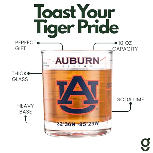 Image of Greenline Goods Auburn University Tigers Whiskey Glasses Set of 2, 10 oz Rocks Glasses with Full-Color Logo & Campus Map - Officially Licensed Bourbon Glass Gift for Alumni & Fans