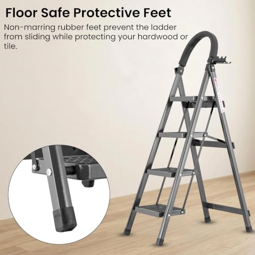 Image of Casa Copenhagen Grey 4 Step Ladder for Home Use with Built-in Tool Tray | Heavy Duty D Shape Rods | Ultra Large Platform | Secure Lock and Stability | 150Kg Capacity Foldable Ladder - 7 Years Warranty