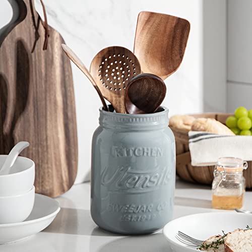 Sweejar Kitchen Utensil Holder With Embossed Style, 6.3" Porcelain Utensil Crock To Hold Spatulas For Cooking Countertop, Farmhouse Style Kitchen Decor (Grey) #TOP2