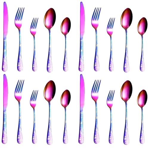 Image of aDai Rainbow Silverware Set | Satin Finish 20-Piece Flatware Set with Unique Floral Printed Handle | Dishwasher Safe Stainless Steel Cutlery for Home, Restaurant & Gifting