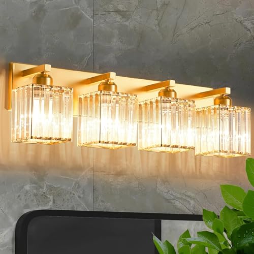Bathroom Vanity Light Fixtures Over Mirror 4 Crystal Lights - Makeup Lighting Pure Gold - for Modern...