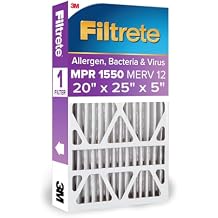 Filtrete 20x25x5 Air Filter MERV 12, MPR 1550 Certified Asthma & Allergy Friendly 1-Pack, Fits Trion AirBear, AC Furnace HVAC Filters, Pleated Electrostatic Actual Size 19.56 x 24.13 x 4.75 in