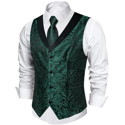 Image of DiBanGu Mens Paisley Suit Vest Silk Jacquard Waistcoat and Necktie Set Formal Shawl Collar Dress Vest 7PCS for Wedding Party