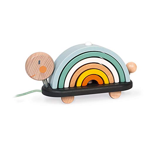 Janod - Sweet Cocoon Wooden Rainbow Turtle Stacking and Pull Toy 7 Piece Building and Nesting Stack with 6 Pastel Arches, Wobbling Head and Tail and String - Ages 18 Months+ - J0440