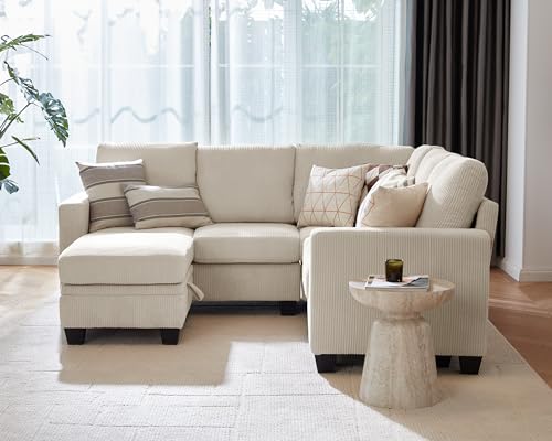 Image of CHIC HOUSE Modular Sectional Couch| Corduroy L Shaped Sleeper Sofa, U-Shape Sofa Bed Convertible Chaise with Storage Ottoman for Living Room Modern Furniture (Beige, 6 Seater L-Shaped)