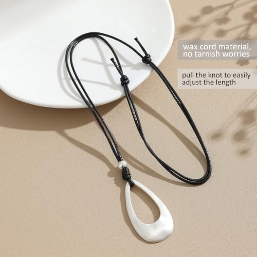 ESALIA Brushed Gold Plated Classic Teardrop Pendant Long Necklace for Women, Adjustable Length Brown Wax Cord Sweater Chain Fashion Jewelry Gifts (Brushed Gold+Blk Cord) — view 4