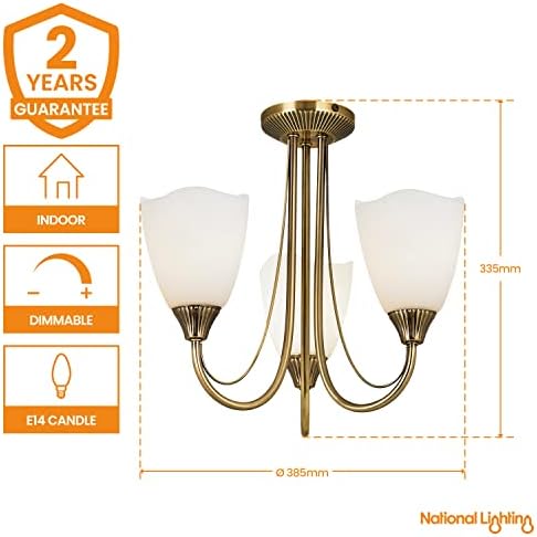 Adley Decorative 3 Way Antique Brass E14 LED Compatible Semi Flush Ceiling Light with Frosted Light Diffusing Glass Shades