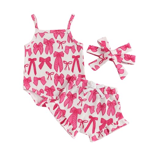Image of Liuckyxin Baby Girl Summer Outfits Floral Print Sleeveless Romper with Ruffled Shorts and Bow Headband 3 Pcs Clothes Set