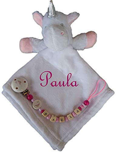 Wuff-Dogsworld Kuscheltuch Einhorn mit Namen Bestickt + Schnullerkette