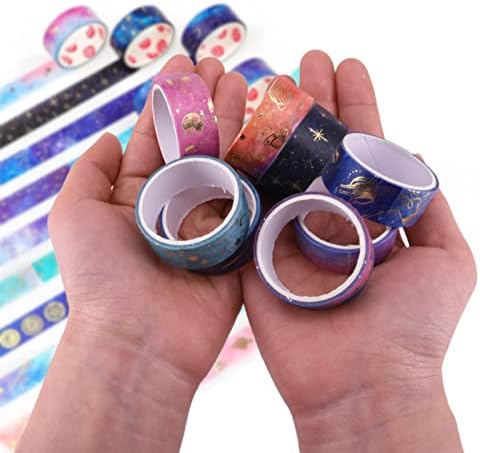 12 Rolls Washi Tape Set, Galaxy Purple Washi Tape Decorative Masking Tape Pastel Scrapbook Tape Aesthetic Gold Foil Washi Tape Stickers for DIY, Bullet Journal, Arts Craft, Gift Wrapping Decoration