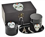 Stash House Day of the Dead Stash Box Combo - Ultra Secure Padlock, Titanium 4 Piece Herb Grinder with Magnetic Lid, Rolling Tray, Airtight Smell Proof Glass Jar - Locking Stash Box