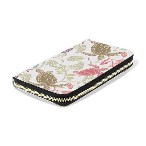 Women PU Leather Wallet Multicolor Turtles and Tropical Leaves Pattern Money Credit Card Holder Organizer Purse4