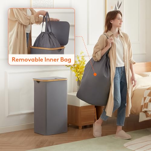 Lifewit 100L Laundry Basket with Lid, Clothes Hampers for Laundry with Bamboo Handles and A Removable Laundry Bag, Large Foldable Laundry Hamper for Bedroom, Bathroom, Dorm, Laundry Room, Grey
