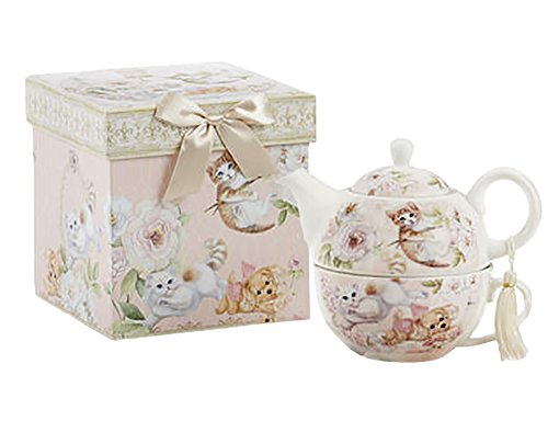 Delton Products Porcelain Tea For One, Teapot & Cup, Kittens & Puppy Pattern