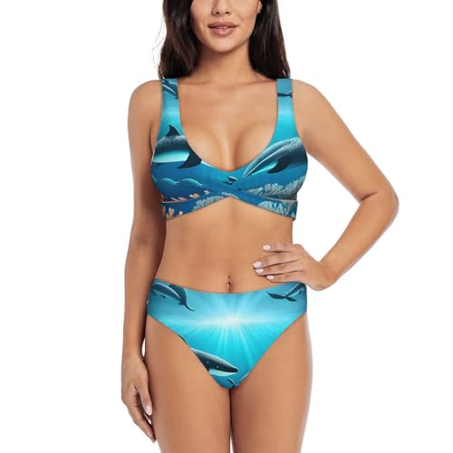 GaxfjRu Conjunto de bikini de ballenas bajo el mar para mujer, 2 piezas, conjuntos de bikini de cintura alta para mujer, trajes de baño cómodos para mujer 2024, Negro, M