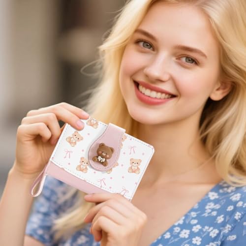 Image of Cute Print Wallet Blueberry Strawberry Cherry Wallet with Credit Card Holder Zipper Coin Purse for Women Girls (BEAR)
