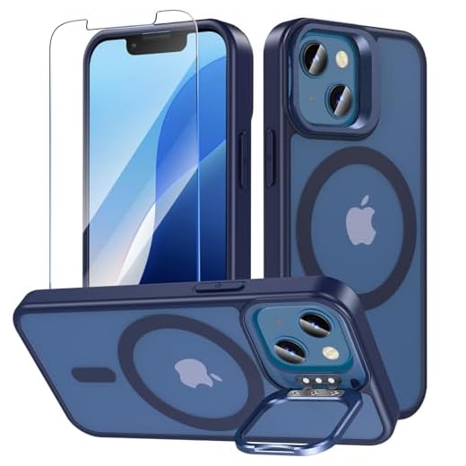 OWKEY Coque pour iPhone 13/12 Mini avec Béquille Intégrée,Compatible avec MagSafe, Housse Militaire avec Protection Écran, Étui Magnétique Antichoc, Résistant Rayures, Translucide Bleu