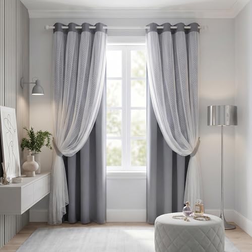 Image of MYSKY HOME Grey Blackout Curtains for Kids Bedroom 95 Inches Long,2 Panels | Gray Blackout Curtains with Polka Dots Sheer Overlay, Grommet Room Darkening, for Girls Nursery Bedroom Living Room,52Wx95L
