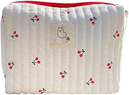 Juoxeepy Cotton Makeup Bag Large Travel Cosmetic Bag Quilted Cosmetic Pouch Coquette Aesthetic Floral Toiletry Bag, A-Beige, 10x5.9x5.3in